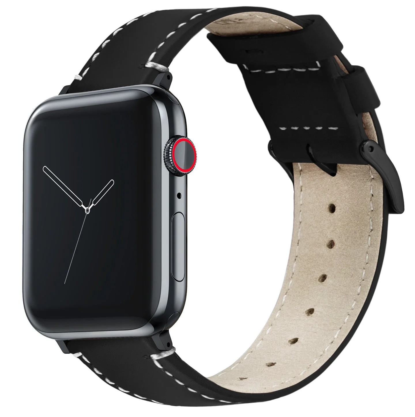 Apple Watch Large (44mm, 45mm, 46mm & 49mm) Black Leather White Stitching Watch Band - Image 2