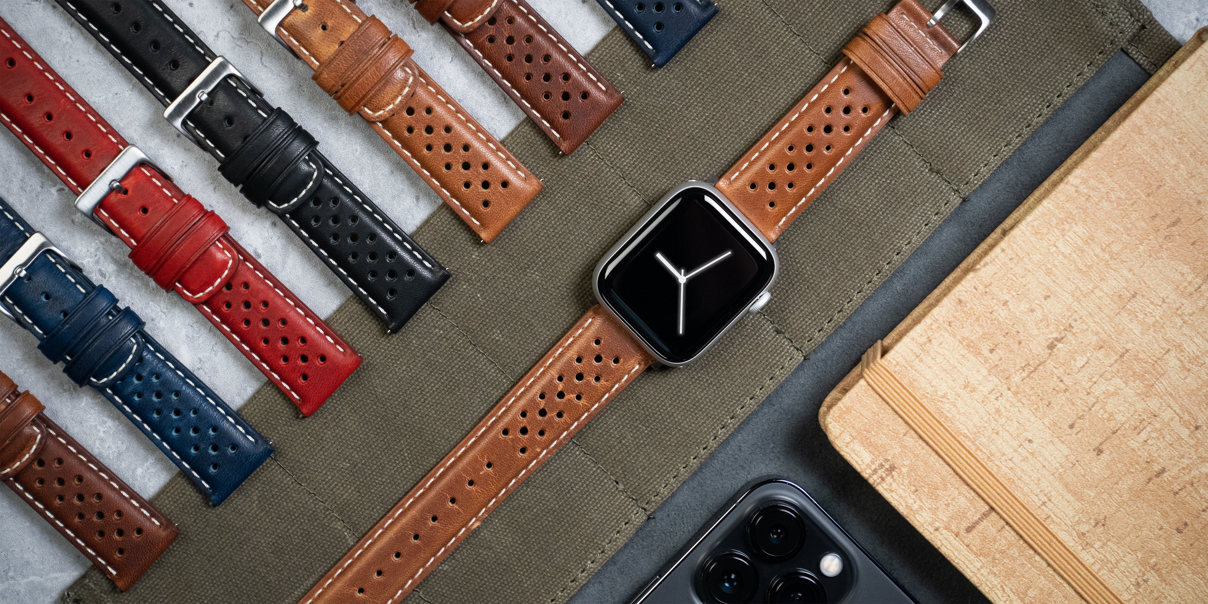 Apple Watch Black Racing Blue Stitch Horween Leather Watch Band - Image 4