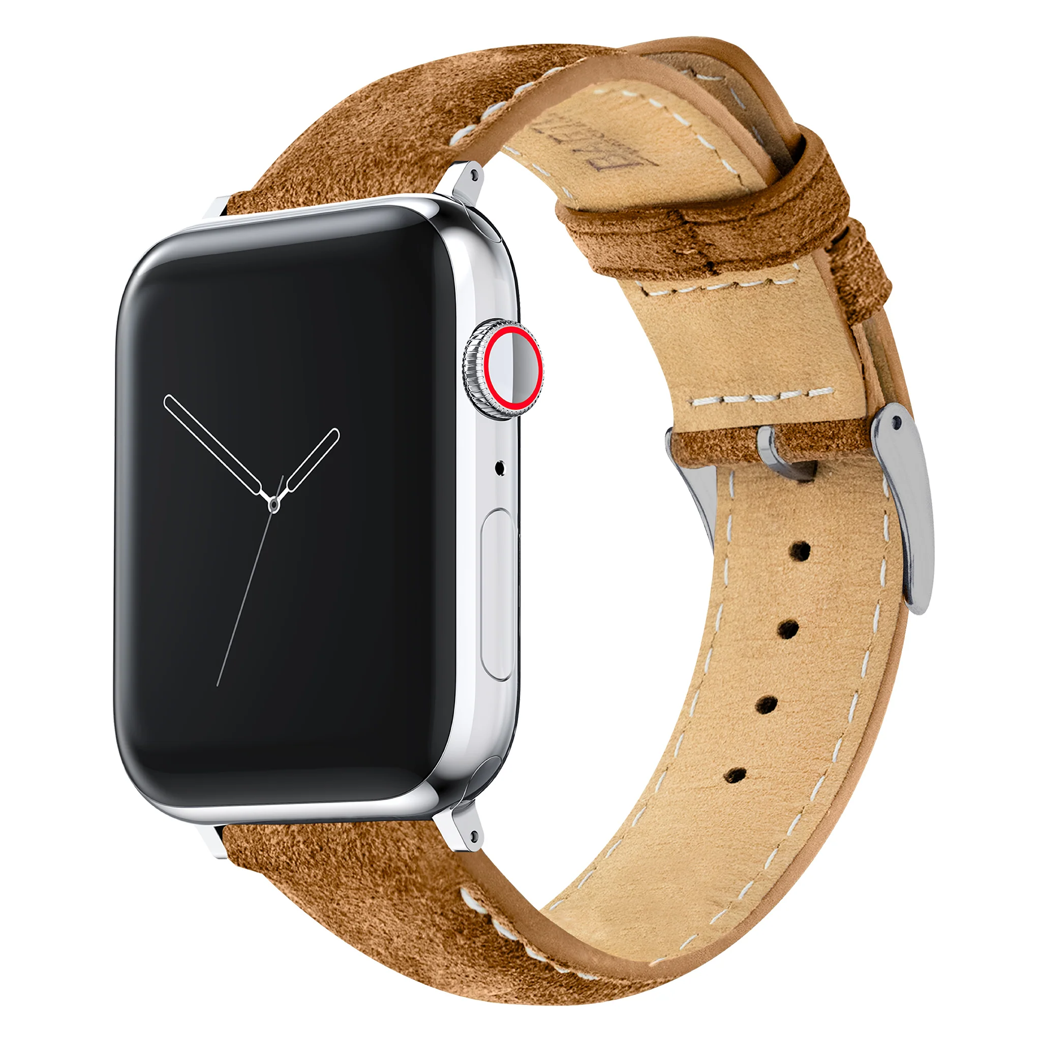 Apple Watch Cognac Brown Italian Suede Linen White Stitching Watch Band