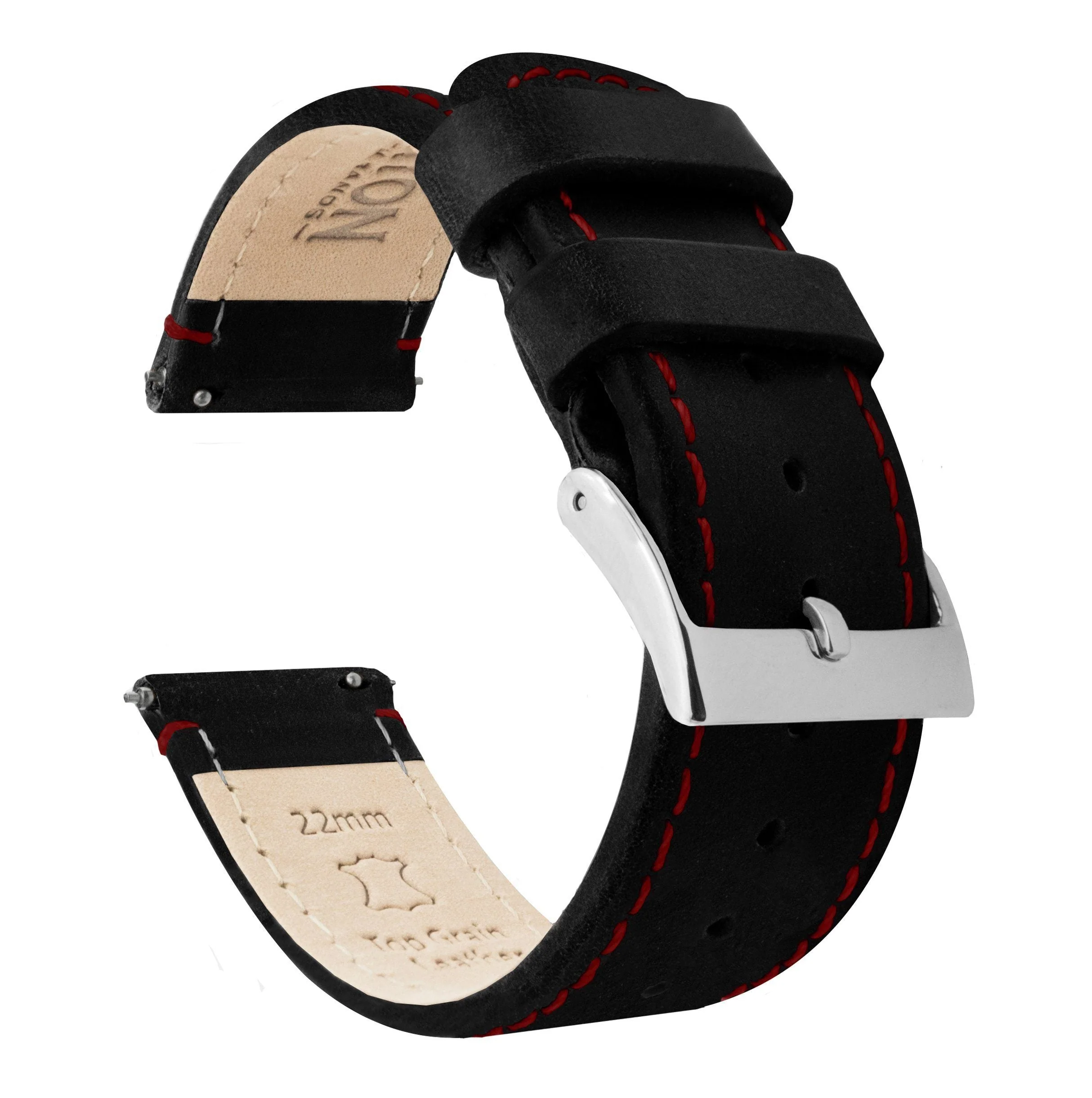 Black Leather Crimson Red Stitching 23mm Watch Band