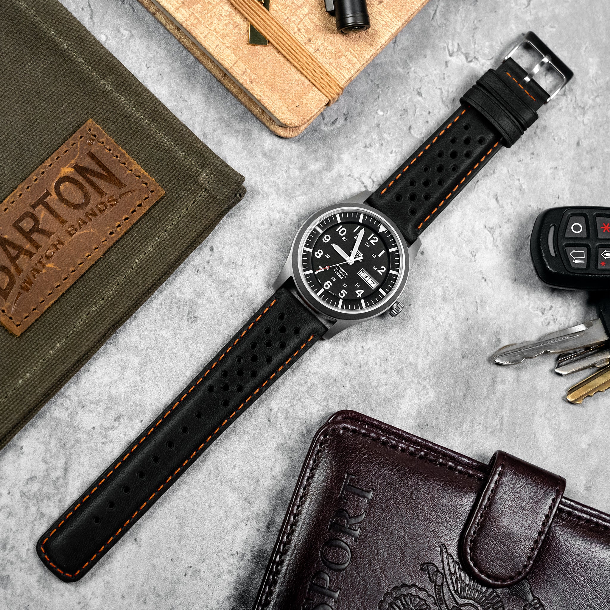 Black Orange Stitch Racing Horween Leather Watch Band - Image 2