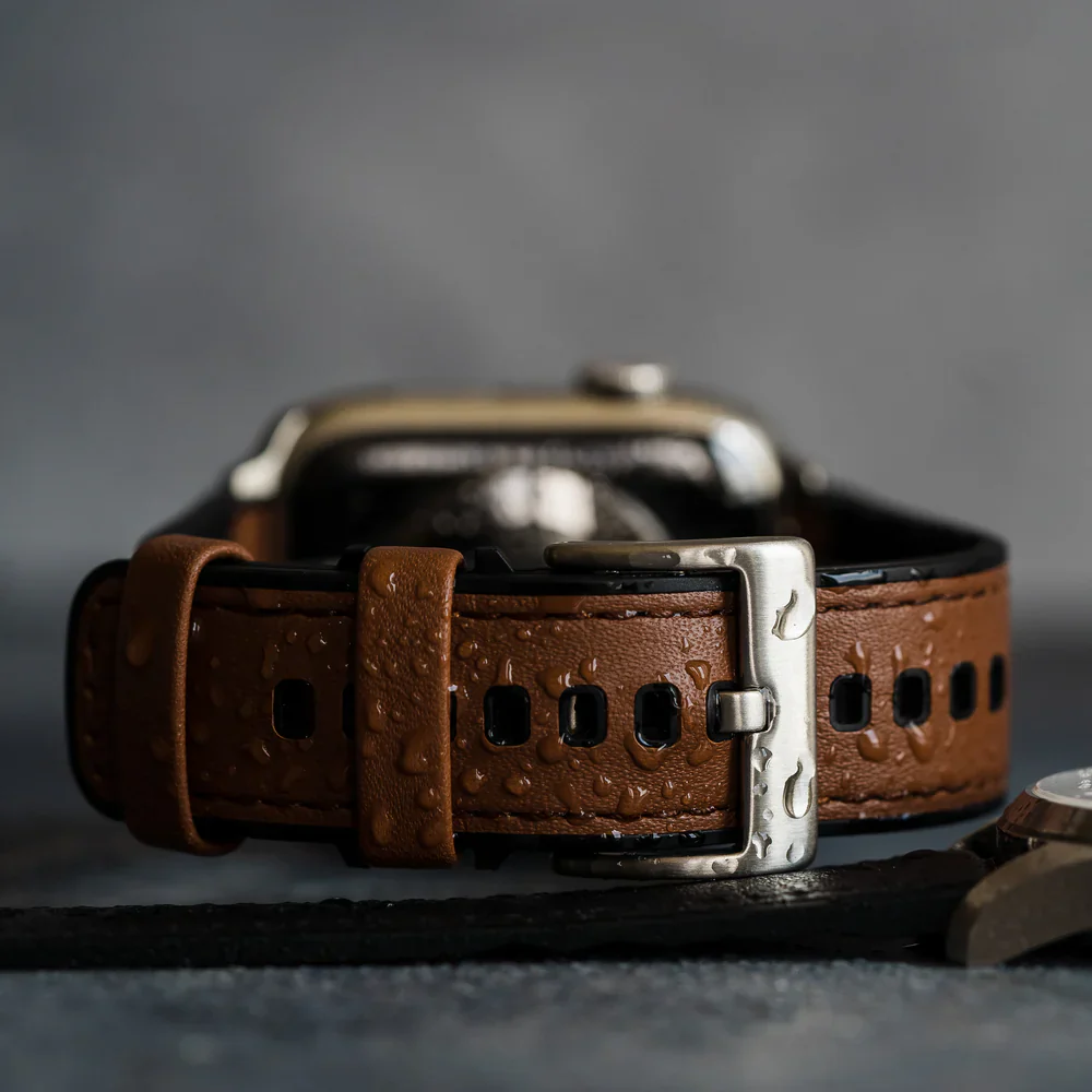 Garmin Forerunner® 970, 965, 955 - Water Resistant Leather & Silicone Base Light Brown Watch Band - Image 4
